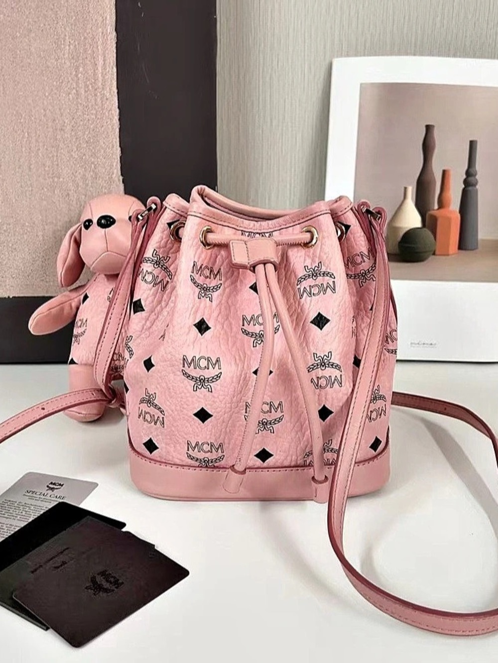 MCM Pink Visetos Zoo Drawstring Bucket Bag